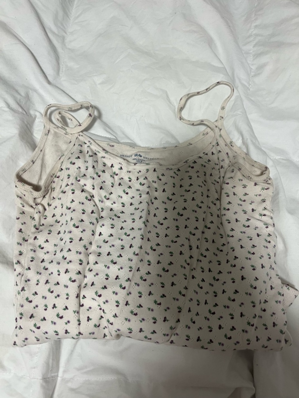 Brandy Melville Cream Floral Ribbed Camisole with Purple Accents